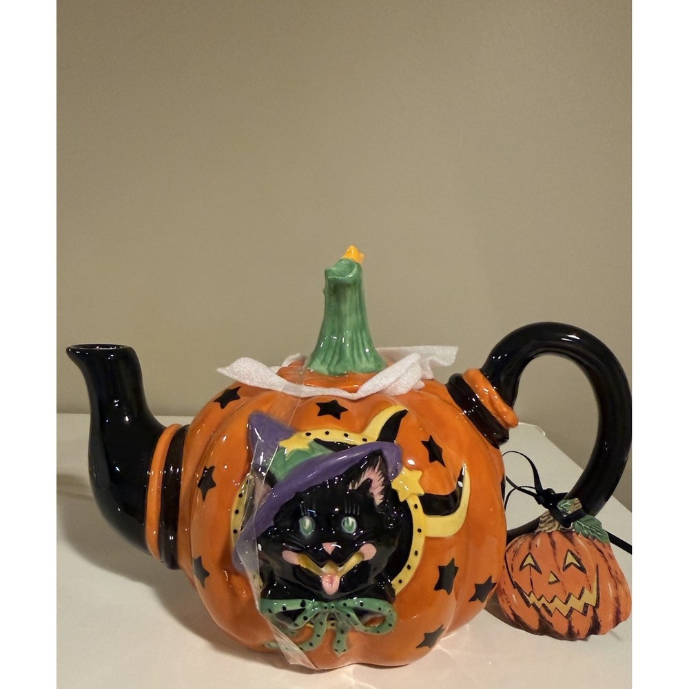 Blue Sky Clayworks Black Cat Orange Halloween Pumpkin Jack O Lantern Teapot New